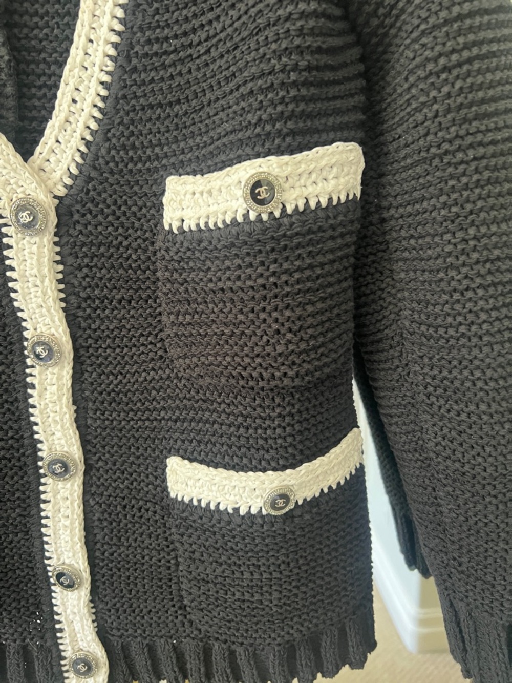 Black Knit Cardigan with White Trim - Classic Contrast Jacket - Picture 4 of 11